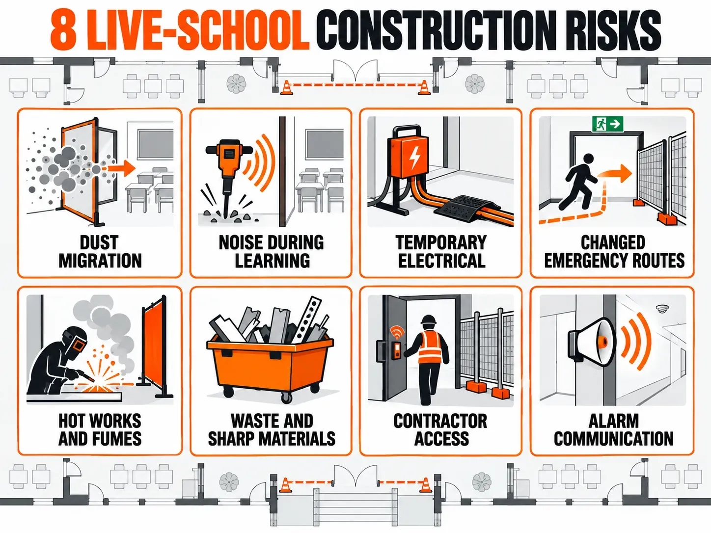 Infographic showing eight risks to control during construction work at an operating school.
